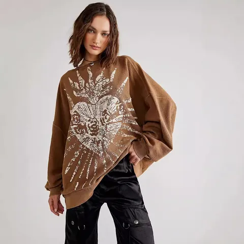 Sweat-shirt Imprimé Rétro Américain pour Femmes Oversize Col Rond Manches Longues Coton Polyester Pullover Décontracté