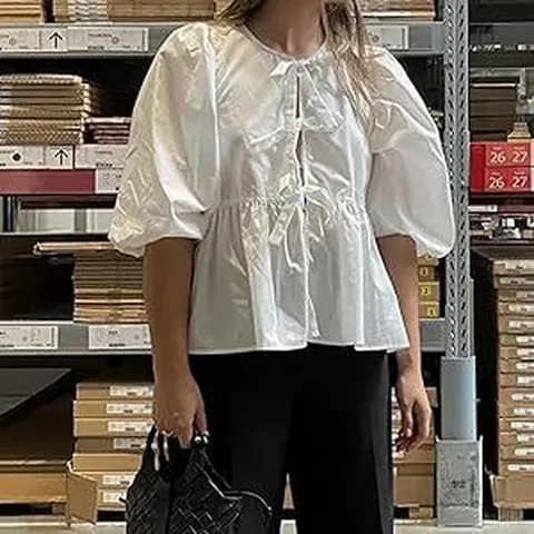 Blusa con Mangas Abullonadas para Mujer con Lazo en la Parte Delantera Cuello Redondo Top Peplum de Poliéster Bordado Camisa de Estilo Dulce Casual para Mujer