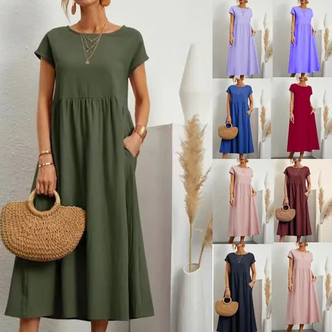 Women's Vintage Cotton Linen Maxi Dress Sleeveless Round Neck Loose Fit Casual Pullover Dress With Pockets Summer Holiday