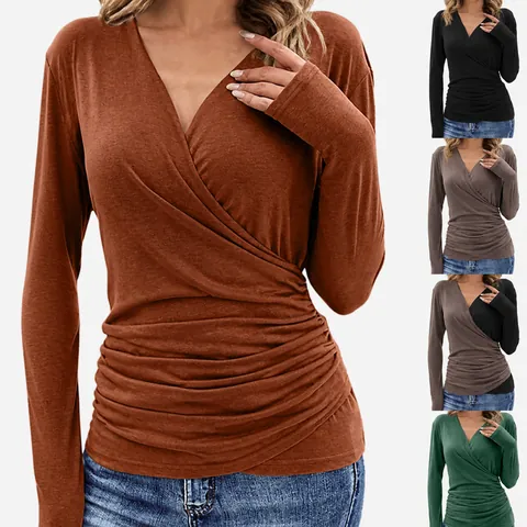 Women's V-Neck Ruched Long Sleeve T-Shirt Solid Color Wrap Slim Fit Top Autumn Casual Urban Polyester T-Shirt Base Layer