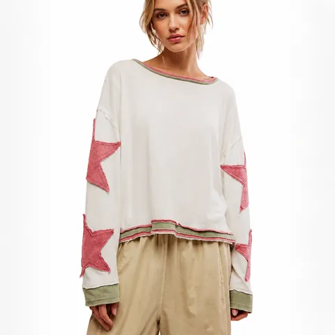 Γυναικείο Y2K Oversized Φούτερ με Αστέρια Στρογγυλή Λαιμόκοψη Ραγκλάν Μανίκι Ρετρό Πουλόβερ Τοπ Φθινόπωρο Casual Μόδα