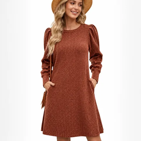 Women Casual Knit Bubble Sleeve Dress Crew Neck Autumn Winter Solid Color Puff Sleeve Tunic Dress With Pocket Polyester Spandex