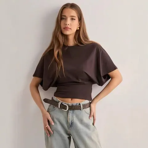 Camiseta de Cuello Redondo y Manga Corta Estilo Coreano para Mujer Color Sólido Manga Murciélago Top Suelto Casual de Poliéster