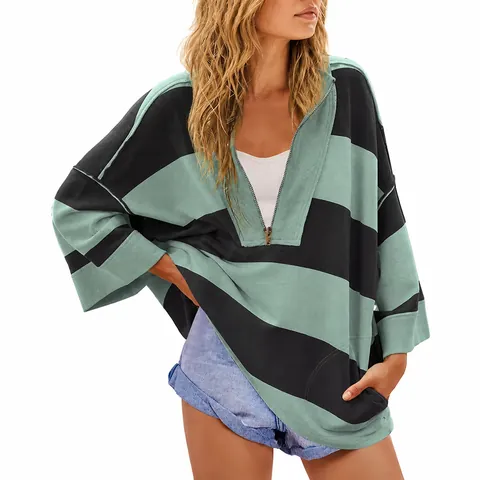 Women Oversized Striped Sweatshirt Half Zipper V Neck Pullover Color Block Casual Loose Long Sleeve Top Cotton Polyester Blend