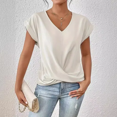 Damen Elegant V Ausschnitt Polyester T-Shirt Knotendetail Saum Kurzarm Top Schlanke Passform Einfarbig Lässig Täglich Pendler Mode