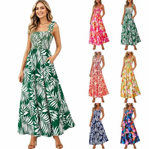 Women Bohemian Floral Printed Maxi Dress Smocked Tie Up Shoulder Strap Polyester Summer Beach Vacation Long Sundress
