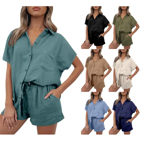 Ensemble Deux Pièces Décontracté pour Femmes en Mélange de Coton Froissé Chemise à Boutons Manches Courtes et Short à Cordon