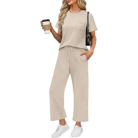 Women Casual Vacation Short Sleeve Top And Bottom Pants Set Solid Color Polyester Pocket Drawstring Wide Leg Trousers Outfits