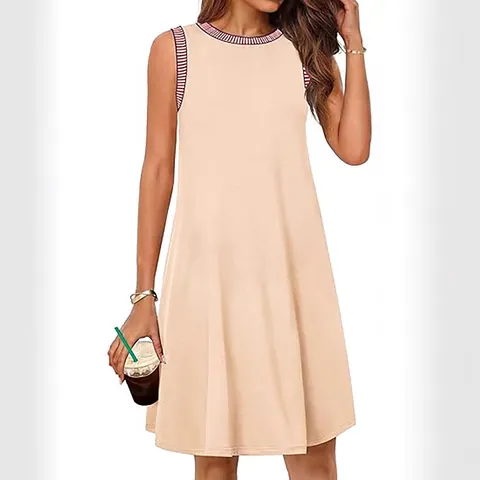 Damen Casual Ärmelloses Minikleid Sommer Rundhals Lockeres Strandkleid Mit Taschen Und Gestreiftem Besatz Polyester Baumwolle