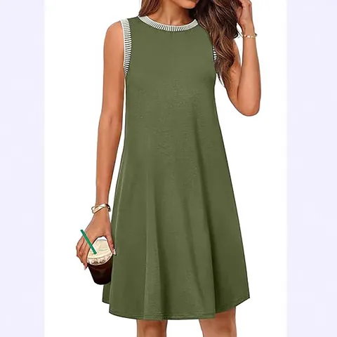Damen Casual Ärmelloses Minikleid Sommer Rundhals Lockeres Strandkleid Mit Taschen Und Gestreiftem Besatz Polyester Baumwolle
