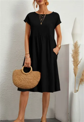 Women Elegant Round Neck Cotton A-Line Midi Dress Sleeveless Solid Color Casual OL Office Summer Dress With Pockets