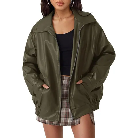 Women's Oversized Faux Leather Motorcycle Jacket Autumn Winter Loose Long Sleeve Fashion Lapel Zipper Outerwear Casual Top