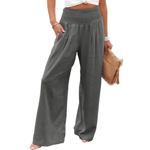 Pantalon Large à Taille Haute Smockée pour Femme en Coton et Lin Couleur Unie Pantalon Décontracté Ample pour Plage et Vacances