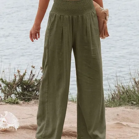 Pantalon Large à Taille Haute Smockée pour Femme en Coton et Lin Couleur Unie Pantalon Décontracté Ample pour Plage et Vacances