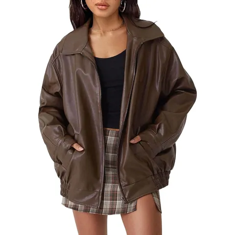 Women Oversized Faux Leather Jacket Vintage Motorcycle Biker Coat Loose Fit Long Sleeve Lapel Full Zip Outwear Top