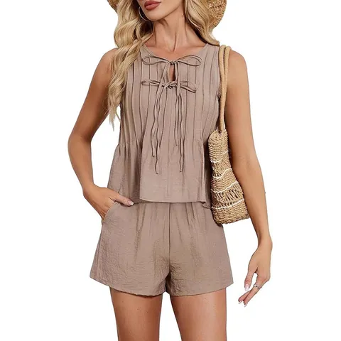 Dames Zomer Tweeledige Set Top en Broek Mouwloos Geplooid Linnenmix Resort Strand Vakantie Cruise Outfit
