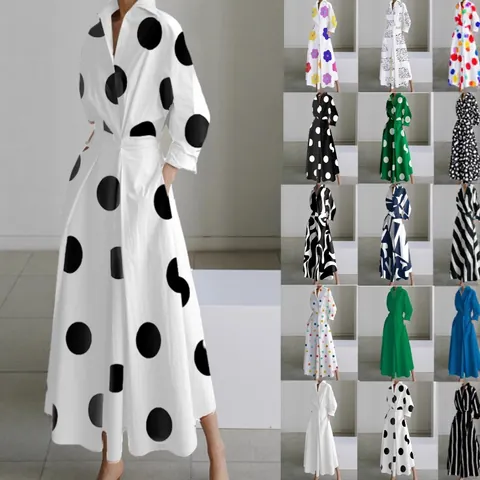 Vrouwen Elegante V-Hals Lange Mouw Bedrukte Maxi Jurk Herfst Bloemen Stippen Taille Stropdas A Lijn Swing Mode Lange Jurk