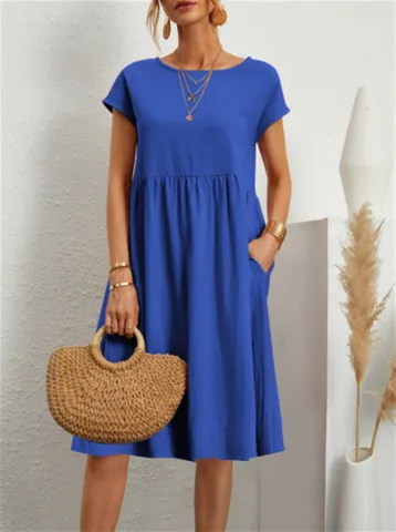 Women Elegant Round Neck Cotton A-Line Midi Dress Sleeveless Solid Color Casual OL Office Summer Dress With Pockets