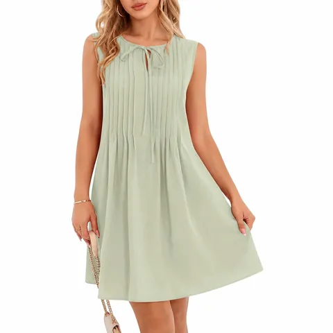 Women Summer Sleeveless Dress Round Neck Tie Front Pleated Mini A-Line Beach Vacation Sun Dress With Pockets Cotton Linen Top And Bottom