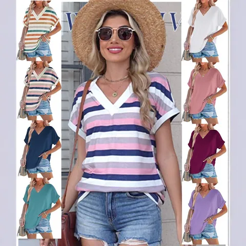 Haut d'Été pour Femmes à Col en V et Manches Chauve-Souris T-Shirt Décontracté en Coton Polyester Mercerisé à Rayures Vêtement de Mode