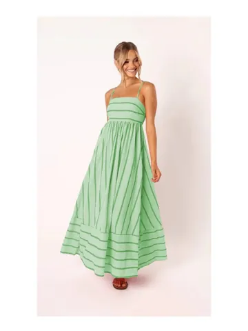 Robe Longue Maxi à Rayures Élégante Style Vacances pour Femmes avec Fines Brides Ourlet Évasé Polyester Sans Manches Robe de Plage ÉTé