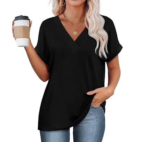 Haut d'Été pour Femmes à Col en V et Manches Chauve-Souris T-Shirt Décontracté en Coton Polyester Mercerisé à Rayures Vêtement de Mode