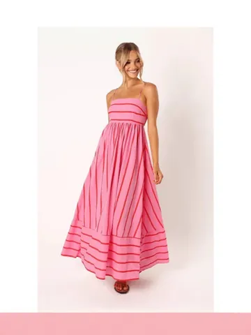 Robe Longue Maxi à Rayures Élégante Style Vacances pour Femmes avec Fines Brides Ourlet Évasé Polyester Sans Manches Robe de Plage ÉTé