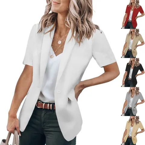 Women's Summer Elegant Short Sleeve Blazer Jacket Solid Color Lapel V Neck Single Button Loose Fit Outerwear Top