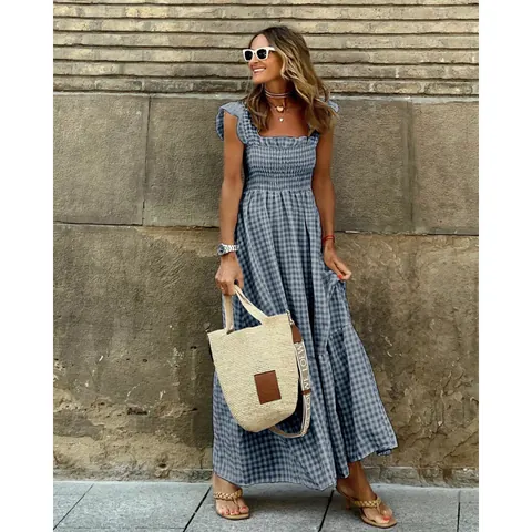 Women Gingham Smocked Maxi Dress Spaghetti Strap Ruffle Tiered A-line Summer Vacation Flowy Long Dress