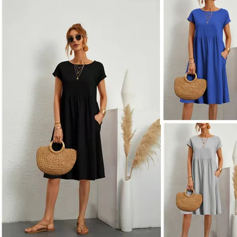 Women Summer Cotton Linen Round Neck Short Sleeve A Line Dress Plus Size Loose Midi Dress With Pockets Casual OL Retro Style