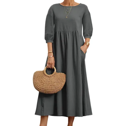 Women Casual Cotton Kapok Lantern Sleeve Maxi Dress Round Neck Loose Vacation A-Line Dress With Pockets