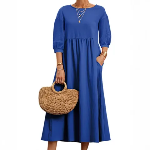 Women Casual Cotton Kapok Lantern Sleeve Maxi Dress Round Neck Loose Vacation A-Line Dress With Pockets
