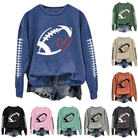 Women's Casual Round Neck Sweatshirt Rugby Heart Graphic Printed Long Sleeve Pullover Loose Fit Sporty Cotton Blend Top
