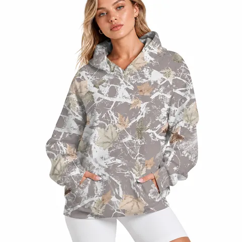 Sweat-shirt à Capuche Décontracté Femmes Imprimé Feuilles Manches Longues Pull-over avec Poche Kangourou Haut en Coton