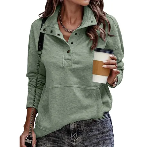 Sweatshirt Décontracté pour Femmes Couleur Unie Manches Longues Bouton Revers Poche Kangourou Pullover Automne Hiver Streetwear