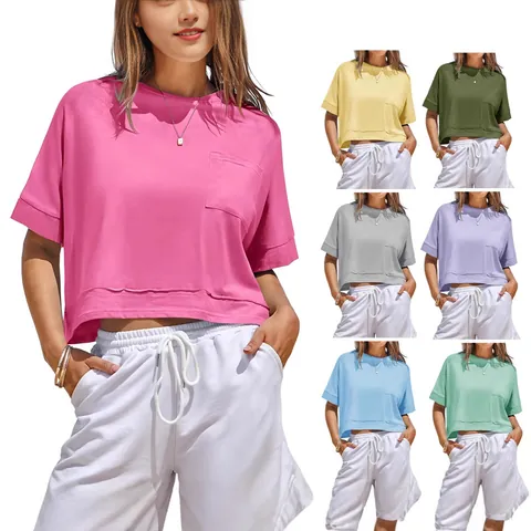 Γυναικείο Oversized Crop Top Κοντομάνικο T-Shirt Casual Χαλαρή Εφαρμογή Μείγμα Βαμβακιού Τσέπη Καλοκαιρινό Workout Basic Top