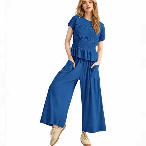 British Style Smocked Top And Bottom For Women Casual Colored Cotton Polyester Ruffle Hem Top Wide Leg Harem Pants Clothing Sets