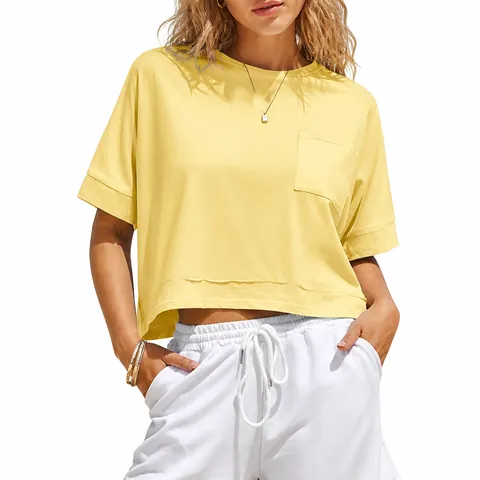 Γυναικείο Oversized Crop Top Κοντομάνικο T-Shirt Casual Χαλαρή Εφαρμογή Μείγμα Βαμβακιού Τσέπη Καλοκαιρινό Workout Basic Top