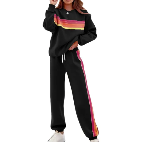 Women Casual Color Block Tracksuit Set Crew Neck Long Sleeve Hoodie And Drawstring Sweatpants Rainbow Stripes Two Piece Outfit