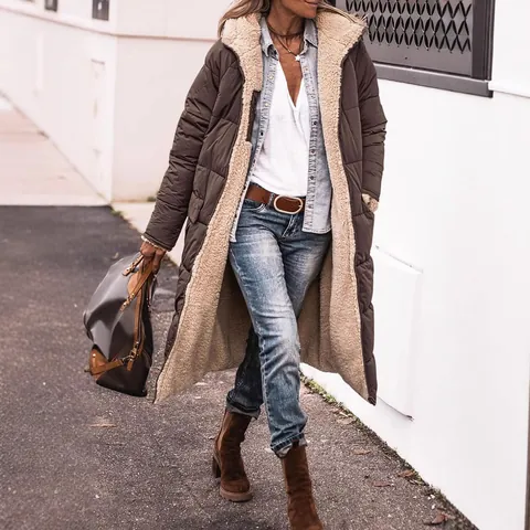 Women Long Hooded Padded Jacket Reversible Sherpa Lined Quilted Winter Coat Warm Streetwear Loose Outerwear Top