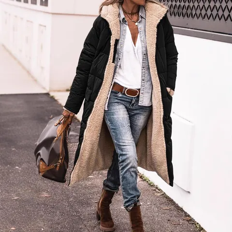 Women Long Hooded Padded Jacket Reversible Sherpa Lined Quilted Winter Coat Warm Streetwear Loose Outerwear Top