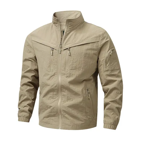 Veste Homme Légère à Col Montant Décontractée Coupe-Vent Vêtement d'Extérieur Tactique Poches Multiples Streetwear Manteau Homme Style Basique