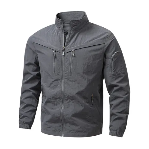 Veste Homme Légère à Col Montant Décontractée Coupe-Vent Vêtement d'Extérieur Tactique Poches Multiples Streetwear Manteau Homme Style Basique