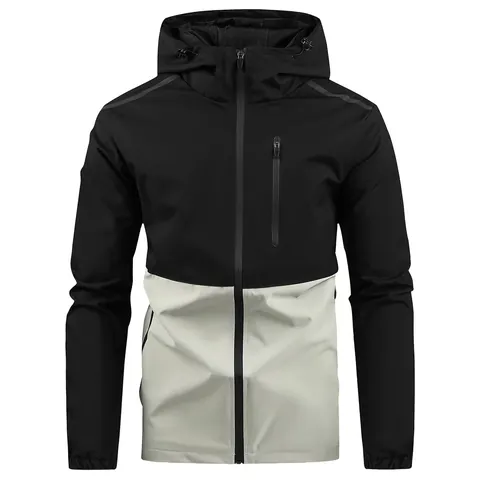Men's Casual Hooded Windbreaker Jacket Outdoor Color Block Splicing Zipper Top Outwear Polyester Jacket For Spring Autumn