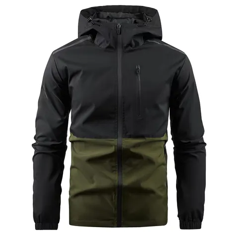 Men's Casual Hooded Windbreaker Jacket Outdoor Color Block Splicing Zipper Top Outwear Polyester Jacket For Spring Autumn