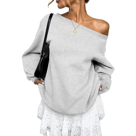 Women Slant Neck Off Shoulder Sweatshirt Long Sleeve Polyester Solid Color Loose Fit Casual Top Pullover
