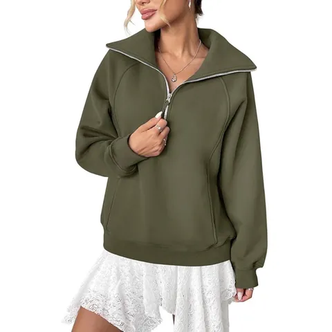 Felpa da Donna Larga con Mezza Zip in Pile a Maniche Lunghe Pullover Oversize con Tasca Tinta Unita Felpa con Cappuccio Casual alla Moda