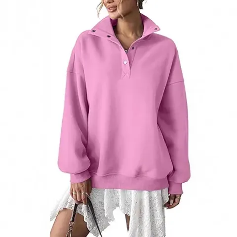 Sweat-shirt Oversize pour Femmes Doublé en Polaire Col Henley Manches Longues Bouton Revers Top Couleur Unie Décontracté