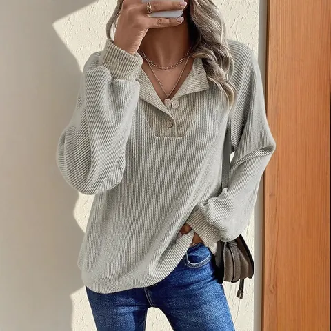 Maglia da Donna Casual Larga con Spalla Cadente e Manica Lunga in Maglia a Costine Blocchi di Colore Pullover Scollo Henley Invernale Moda