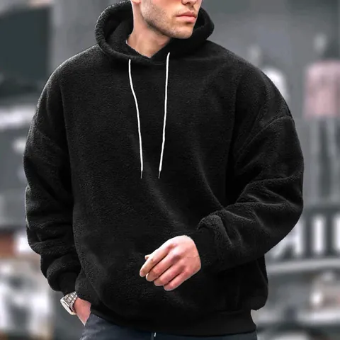 Men Casual Winter Hoodie Warm Coral Fleece Pullover Sweatshirt Thick Solid Color Loose Fit Long Sleeve Hooded Top